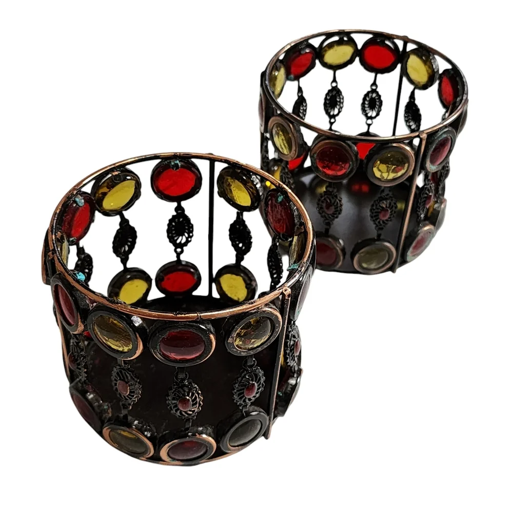 Set of 2 Wire Votive‎ Holders Boho Style with Colored Glass Bead Decoration